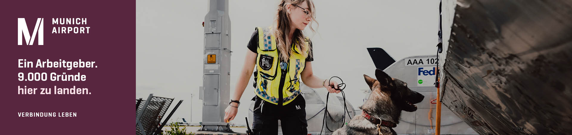 Panoramabild vom Flughafen München und Bild eines Mitarbeitenden