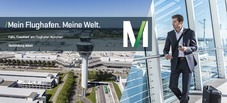 Panoramabild vom Flughafen München und Bild eines Mitarbeitenden