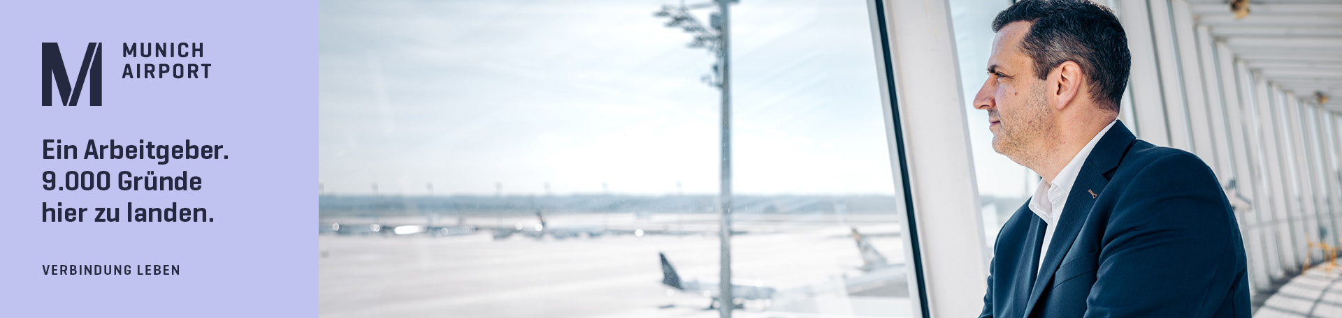 Panoramabild vom Flughafen München und Bild eines Mitarbeitenden