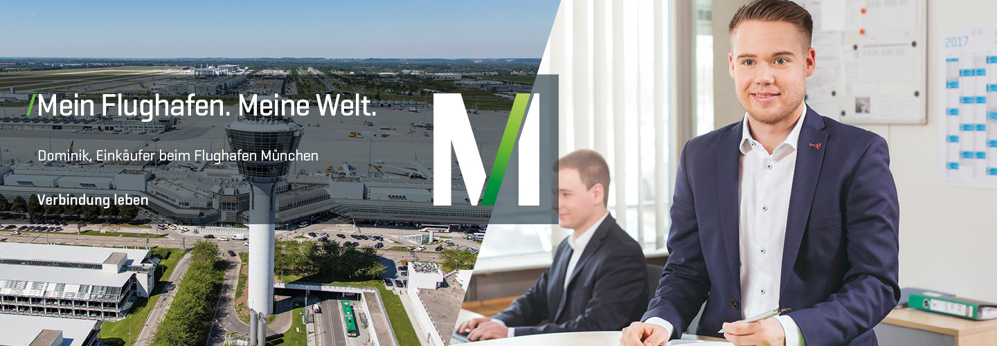 Panoramabild vom Flughafen München und Bild von zwei Mitarbeitenden
