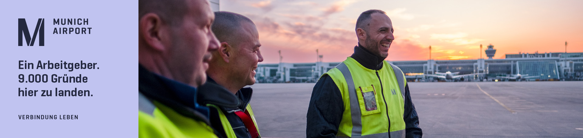 Panoramabild vom Flughafen München und Bild eines Mitarbeitenden
