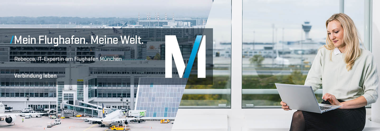 Panoramabild vom Flughafen München und Bild eines Mitarbeitenden