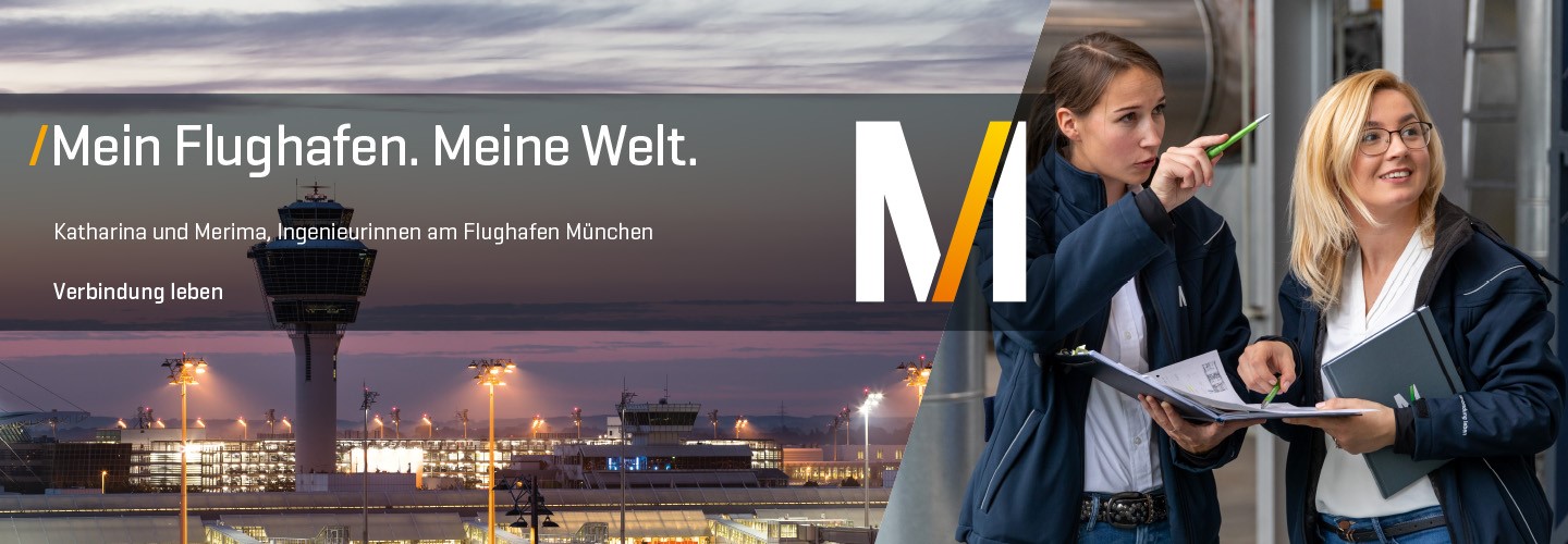 Panoramabild vom Flughafen München und Bild von zwei Mitarbeitenden