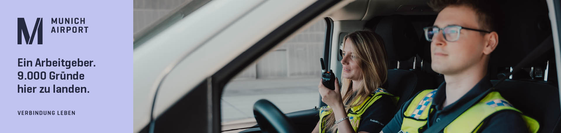 Panoramabild vom Flughafen München und Bild eines Mitarbeitenden