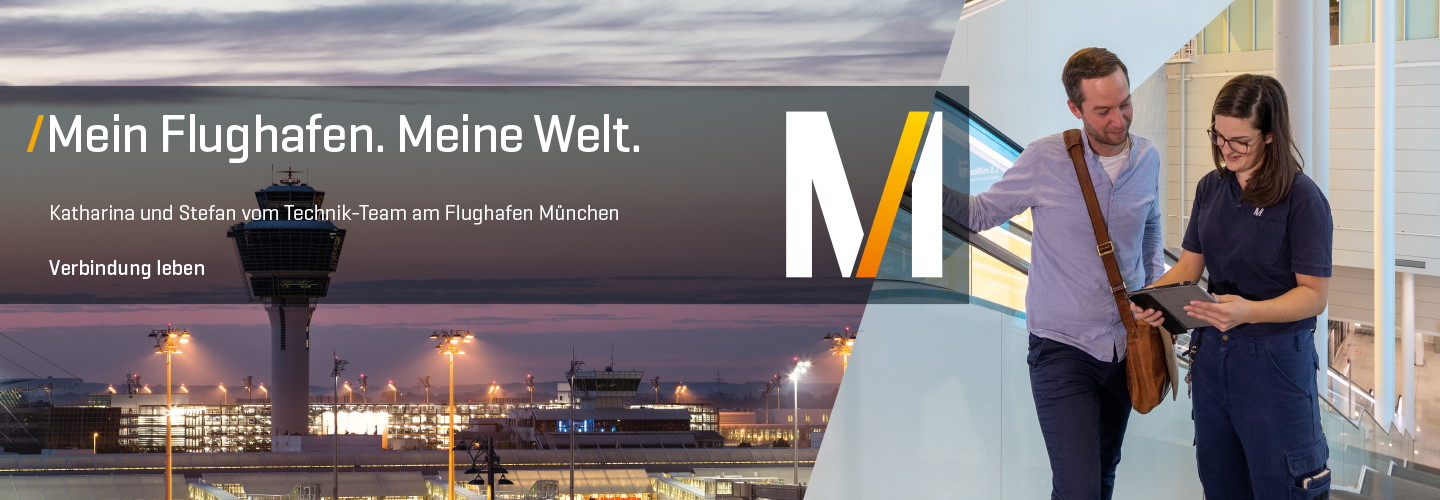 Panoramabild vom Flughafen München und Bild von zwei Mitarbeitenden