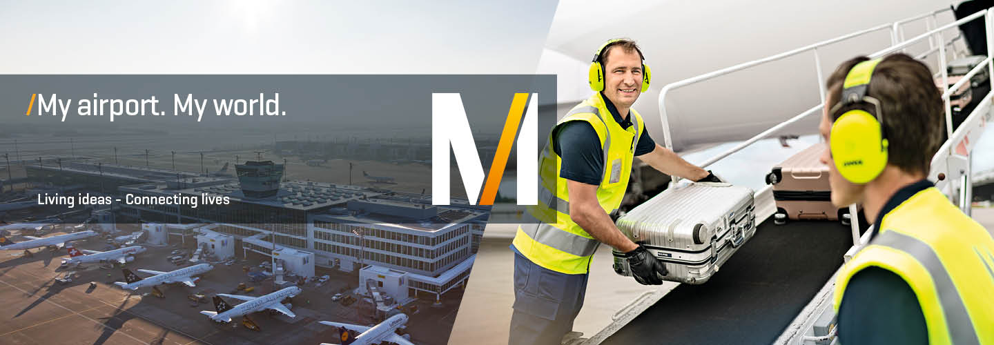 Panorma picture of Munich Airport and picture of two employees
