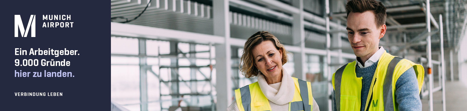 Panoramabild vom Flughafen München und Bild von zwei Mitarbeitenden