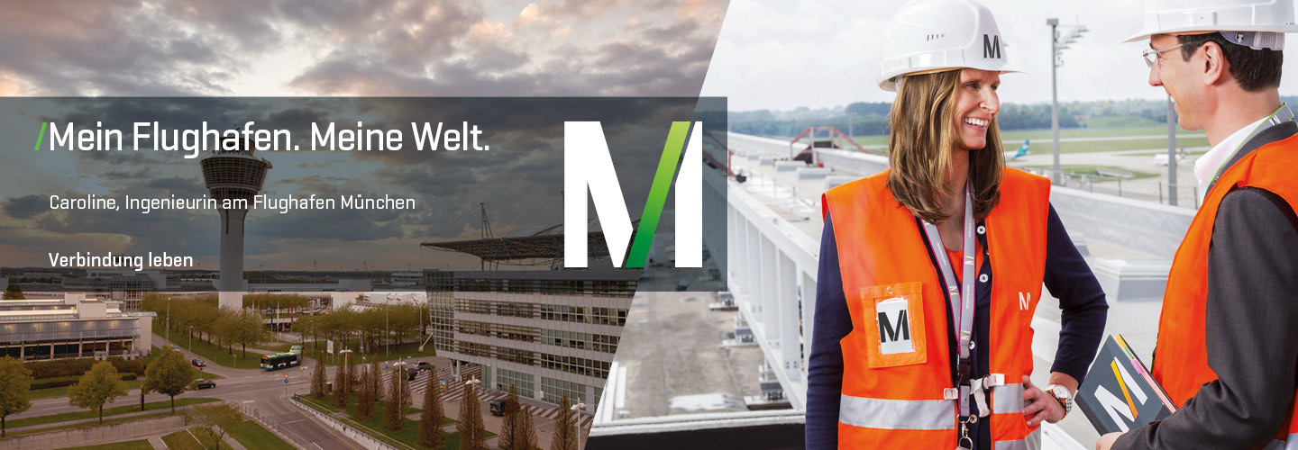 Panorma picture of Munich Airport and picture of two employees
