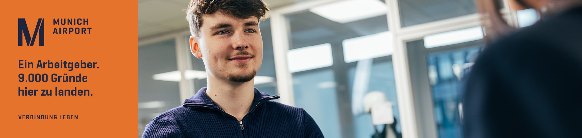 Panorma picture of Munich Airport and picture of employee