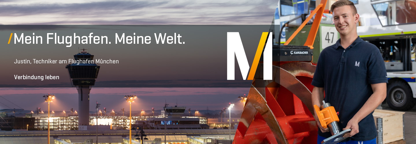 Panoramabild vom Flughafen München und Bild von zwei Mitarbeitenden