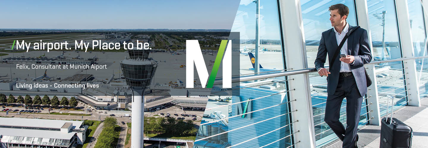 Panorma picture of Munich Airport and picture of employee