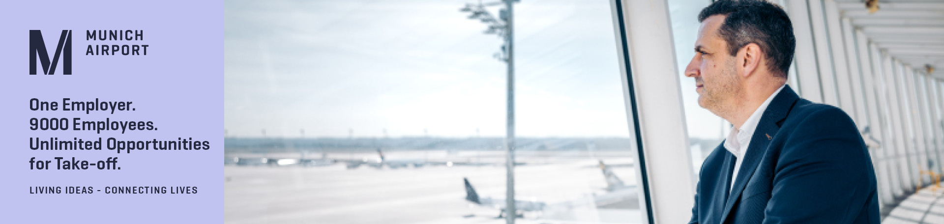 Panorma picture of Munich Airport and picture of employee