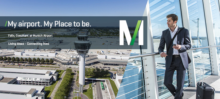 Panoramabild vom Flughafen München und Bild eines Mitarbeitenden