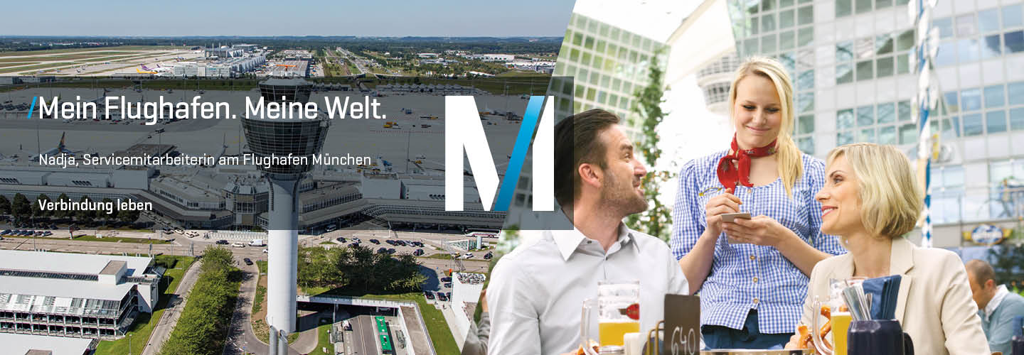 Panorma picture of Munich Airport and picture of employee
