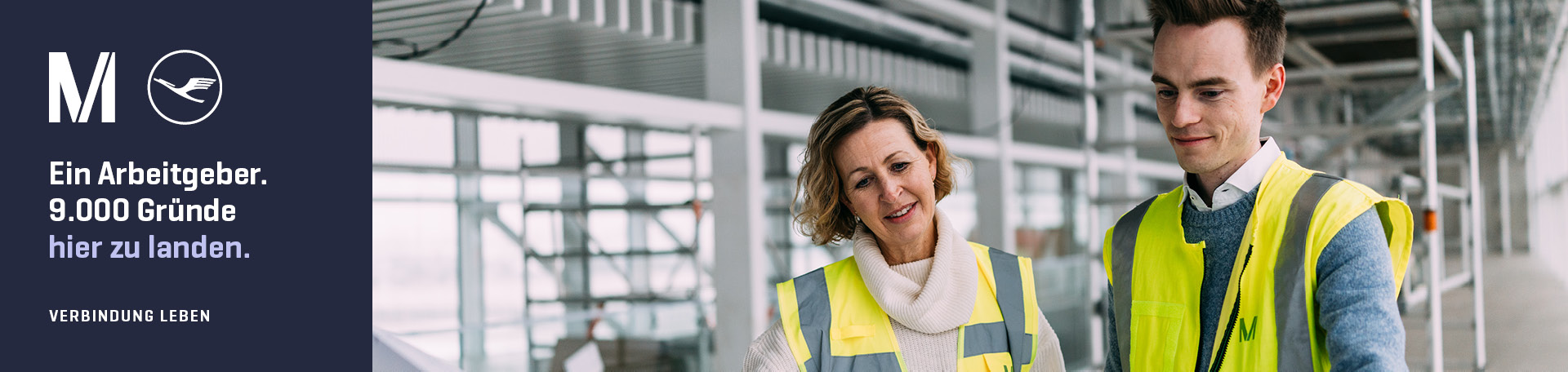 Panorma picture of Munich Airport and picture of employee